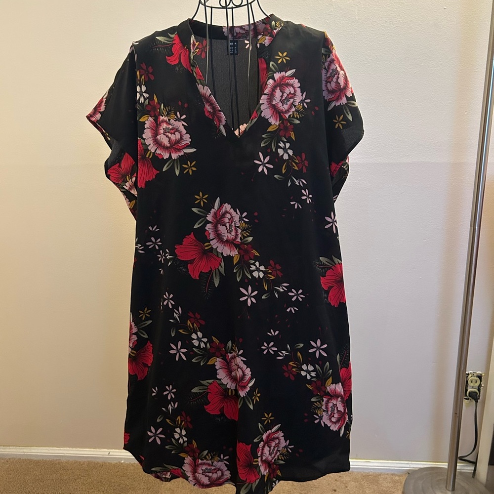 SHEIN Black Dress with Pink and Red Floral Design